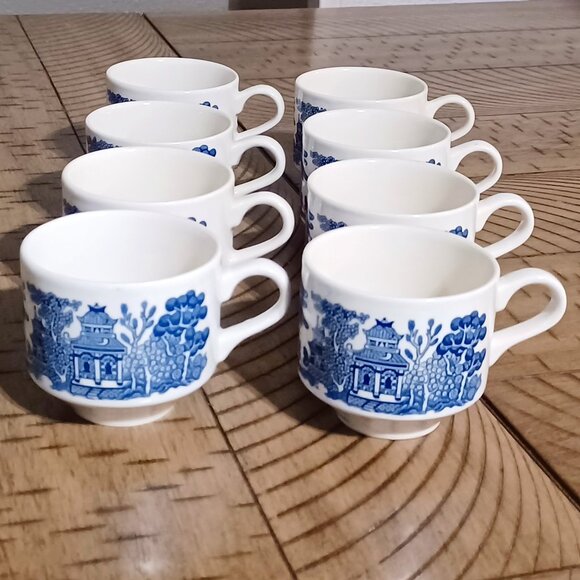 8 Churchill Blue Willow Mugs Cups - Picture 3 of 4
